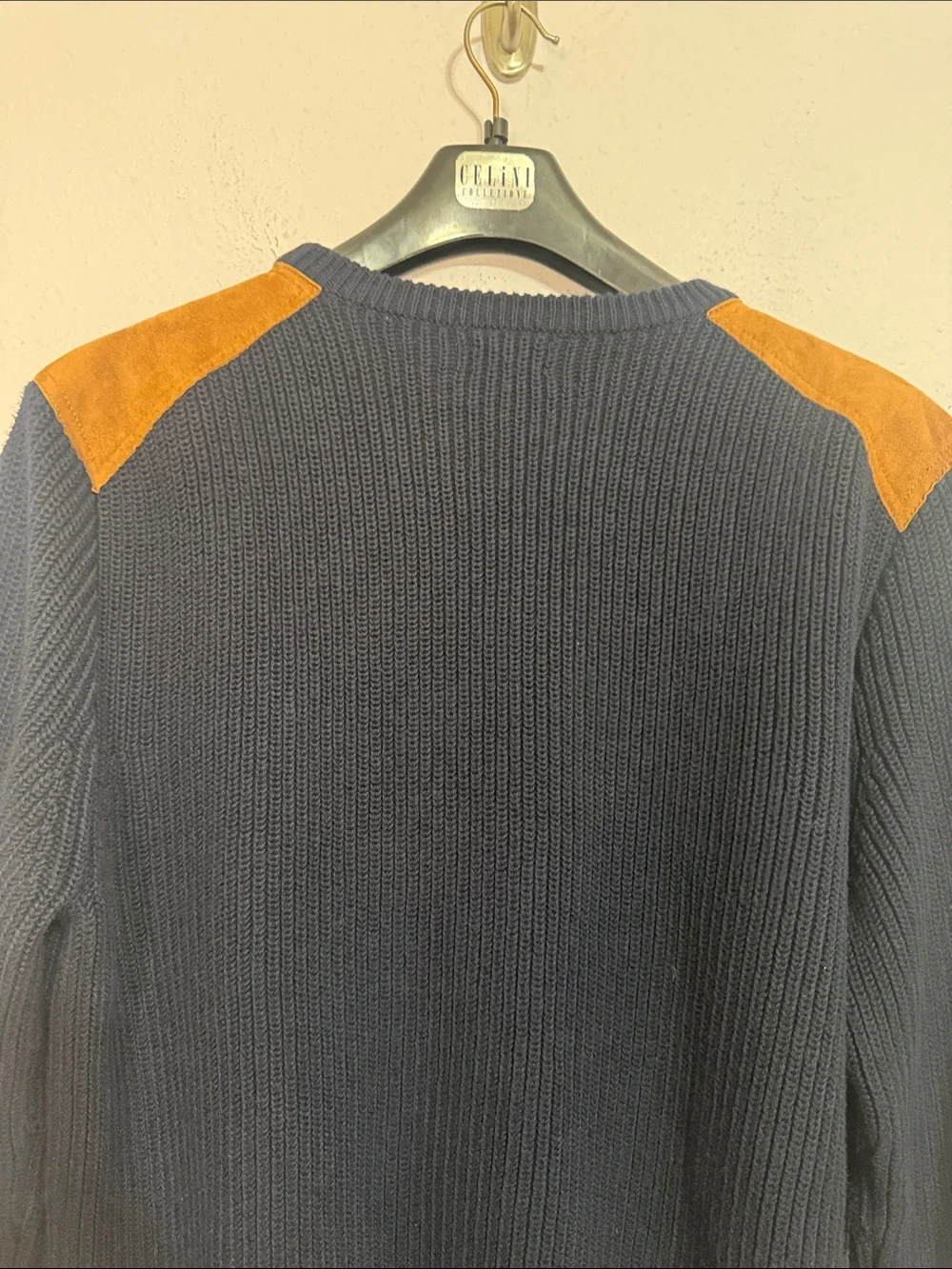 J. Crew Men Navy Crewneck Sweater with Tan Shoulder Patches Size Large